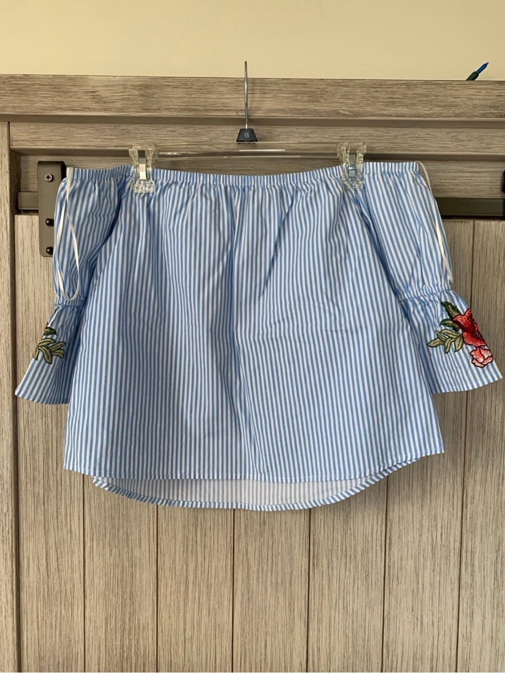 Ambiance Light Blue and White Striped Off-Shoulder Blouse - Picture 2 of 6
